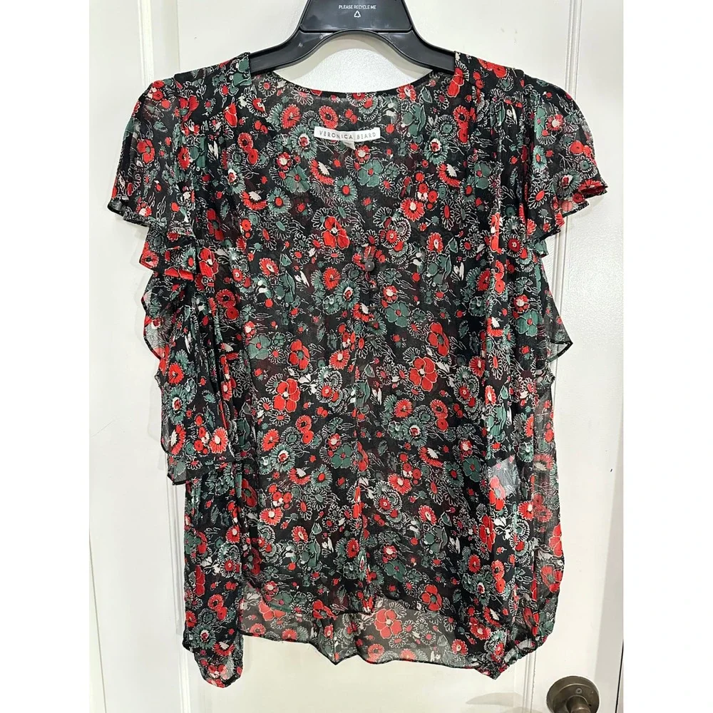 Veronica Beard Floral Print Cold Shoulder‎ Ruffle Sleeve Blouse Top size 10